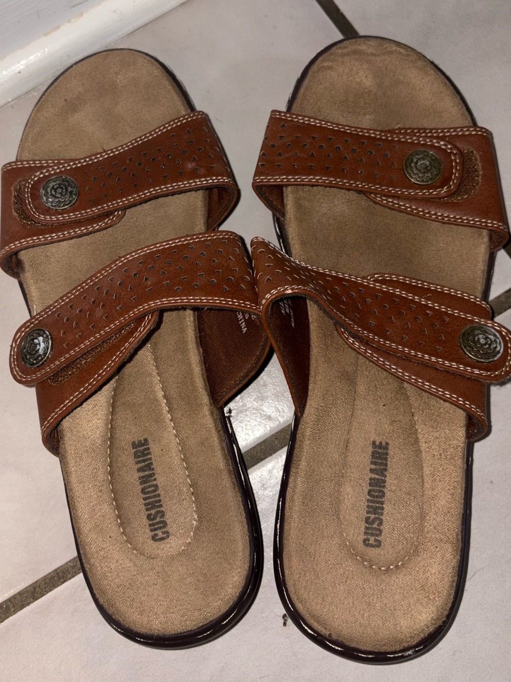 Cushionaire Women's “Betsy” Brown Leather Double-Strap Slide Sandals